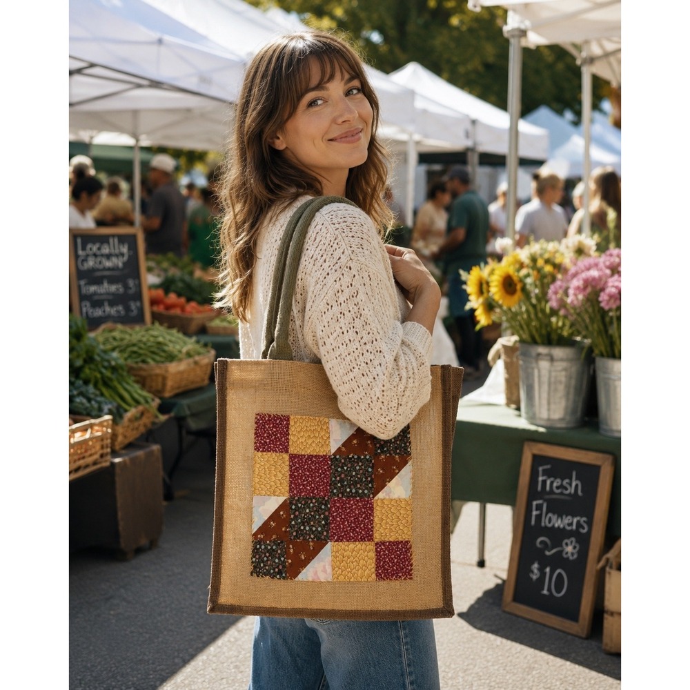 Vintage Feed Sack Tote Purse Handbag Handmade Quilted Upcycled‎ Hook Loop Close